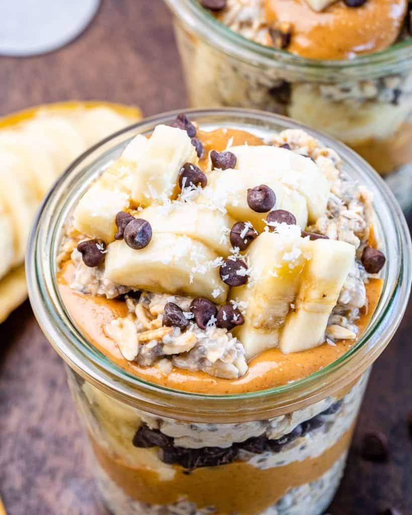 Oatmeal made with bananas, peanut butter, coconut and chocolate chips.