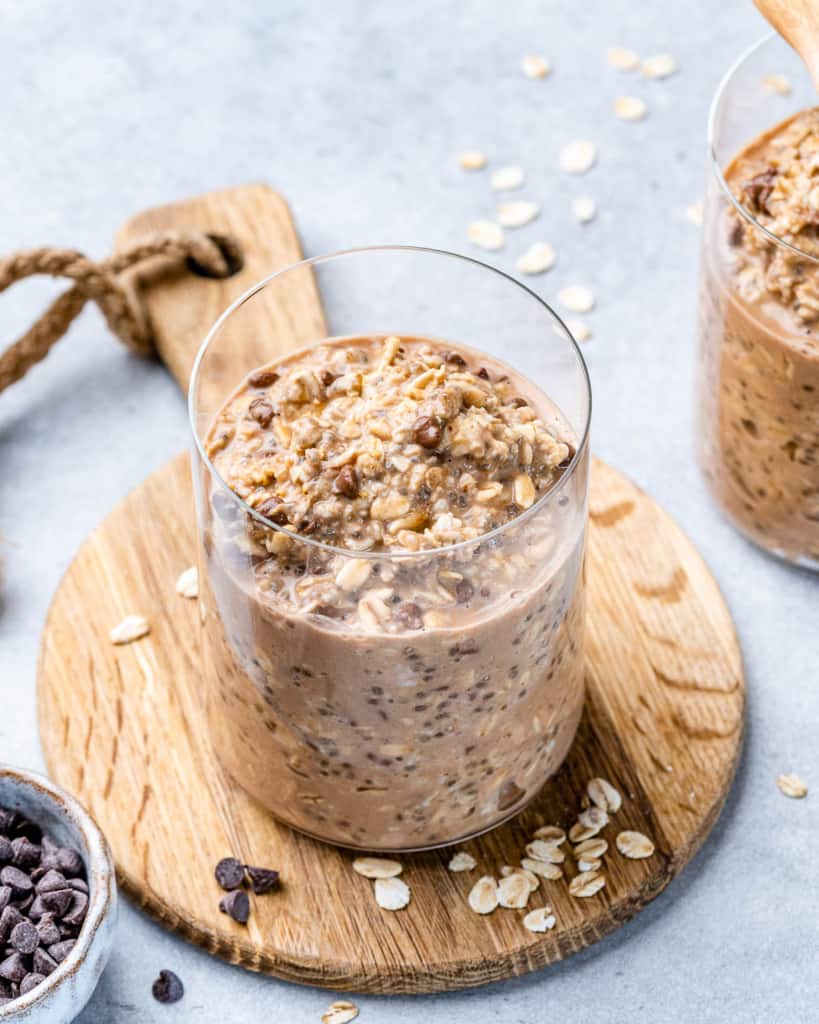 Cookie dough overnight oats topped with mini chocolate chips.