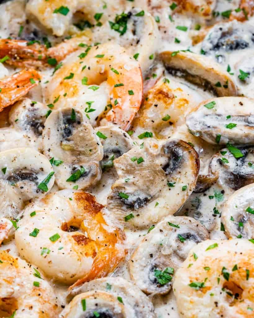 Mushrooms and shrimp in a creamy sauce.