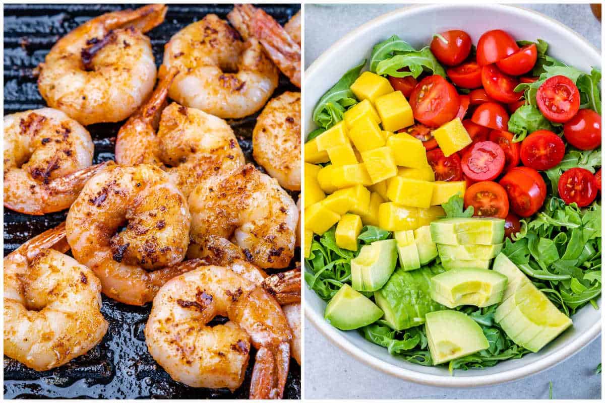process shot to cook the shrimp on a skillet and assemble the salad in a bowl.