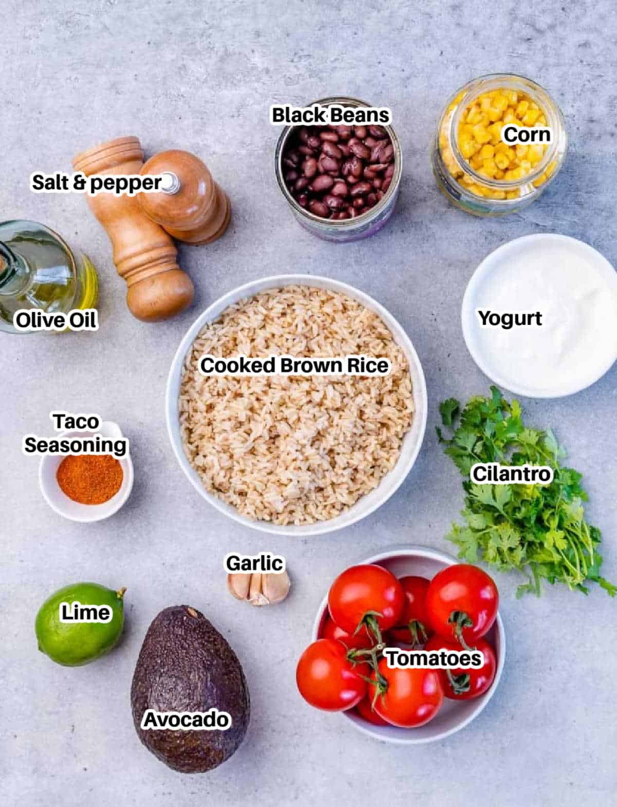 Ingredients to make burrito bowl.