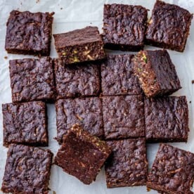 top view of brownie squares on parchment paper