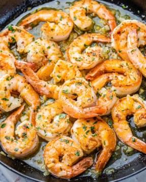 top view of sauteed shrimp scampi in a skillet