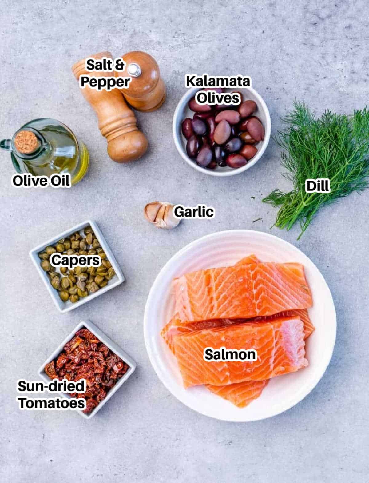 ingredients to make baked Mediterranean salmon