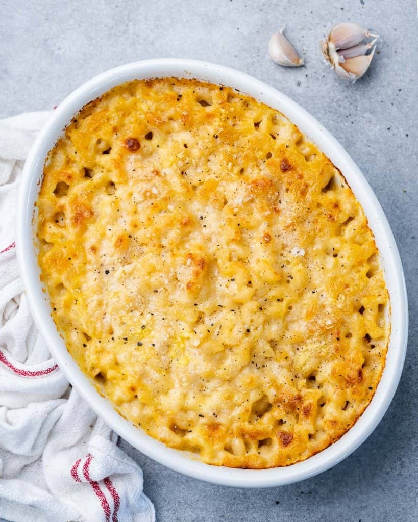 Baked mac and cheese in a casserole dish.