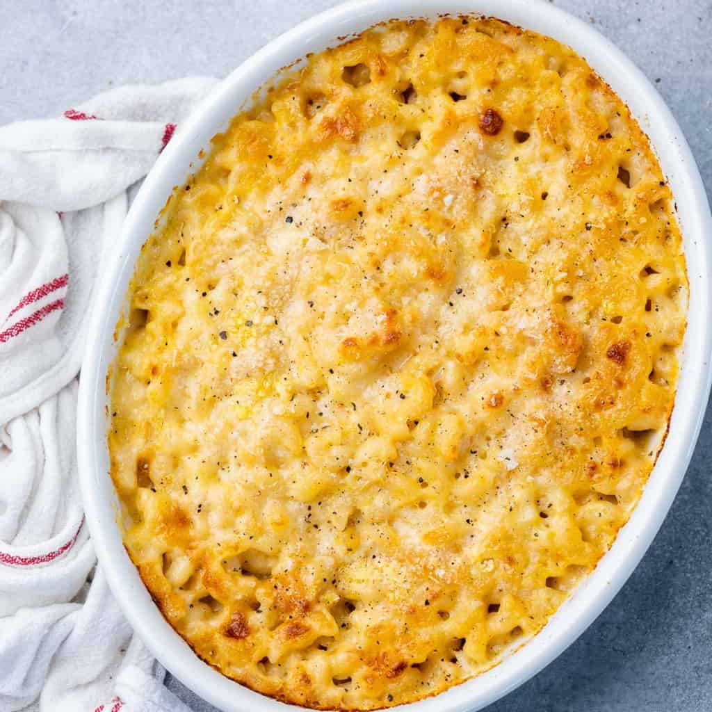 top view of mac and cheese in a white casserole dish