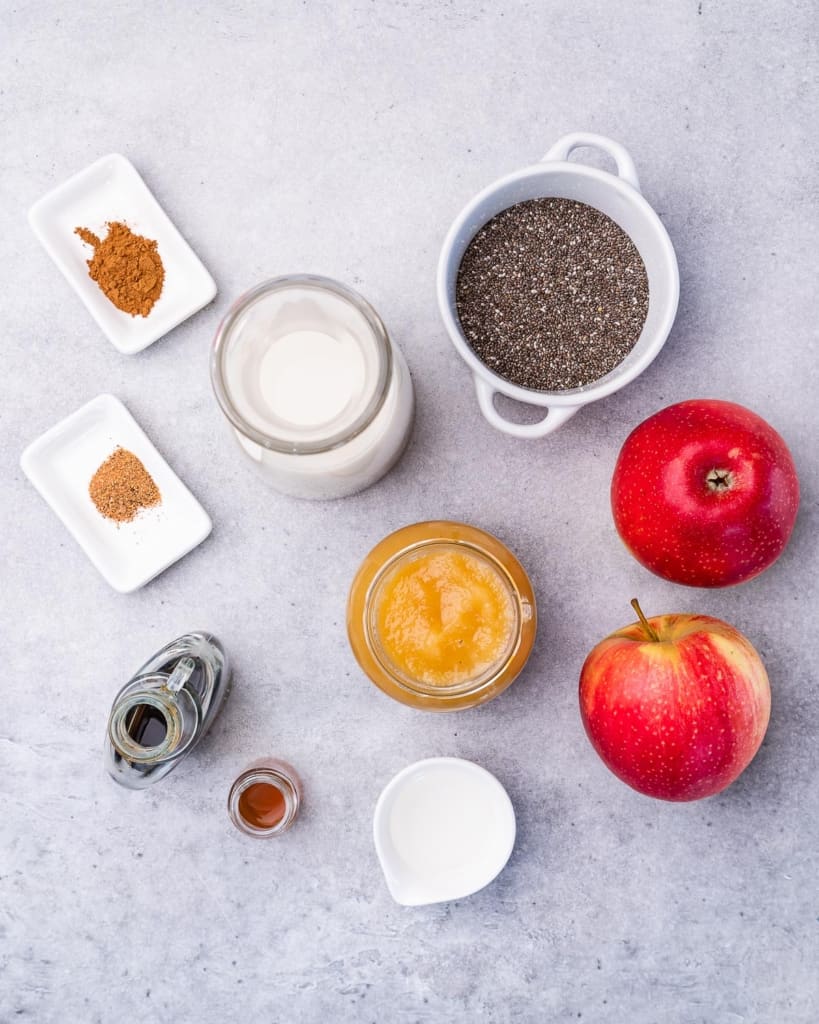 ingredients to make apple pie chia pudding laid out 