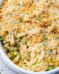 close up tuna casserole in a dish