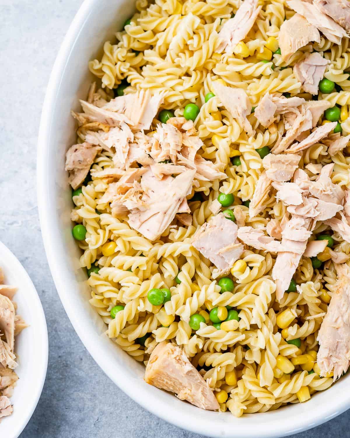 pasta and tuna in a white dish before baking 