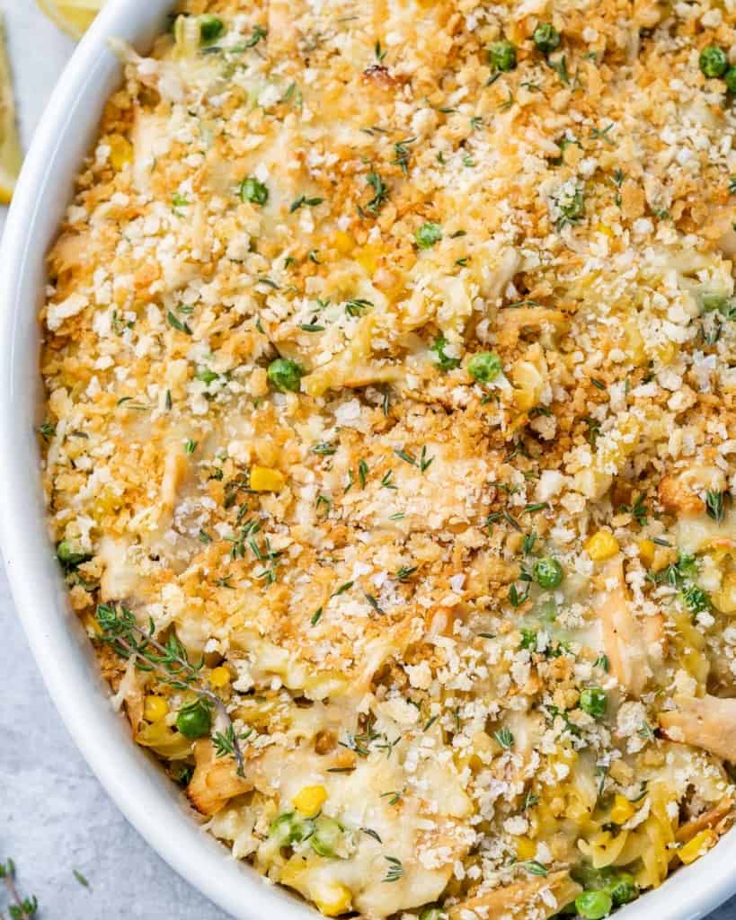 top view of tuna and pasta casserole in a white baking dish