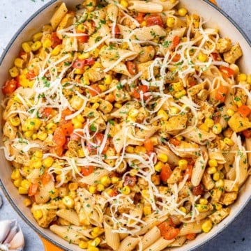 top view of chicken pasta in a pan