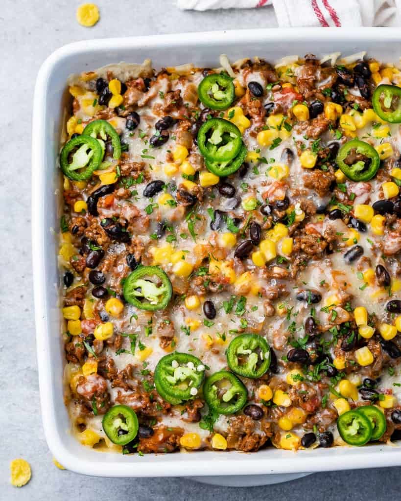 Beefy casserole topped with cheese and sliced jalapeños. 