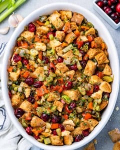 top view of stuffing in a white dish