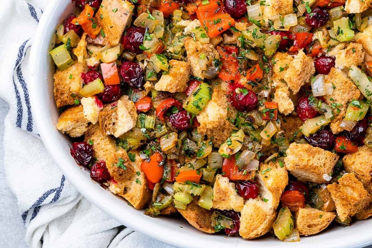 top view of a white dish with stuffing