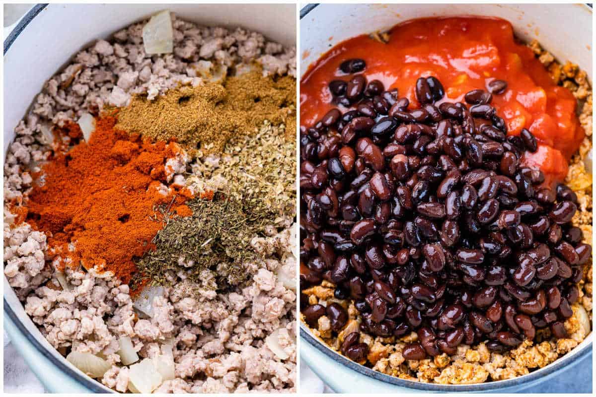 process shot to cook the ground turkey with seasonings, then adding the beans and crushed tomatoes.