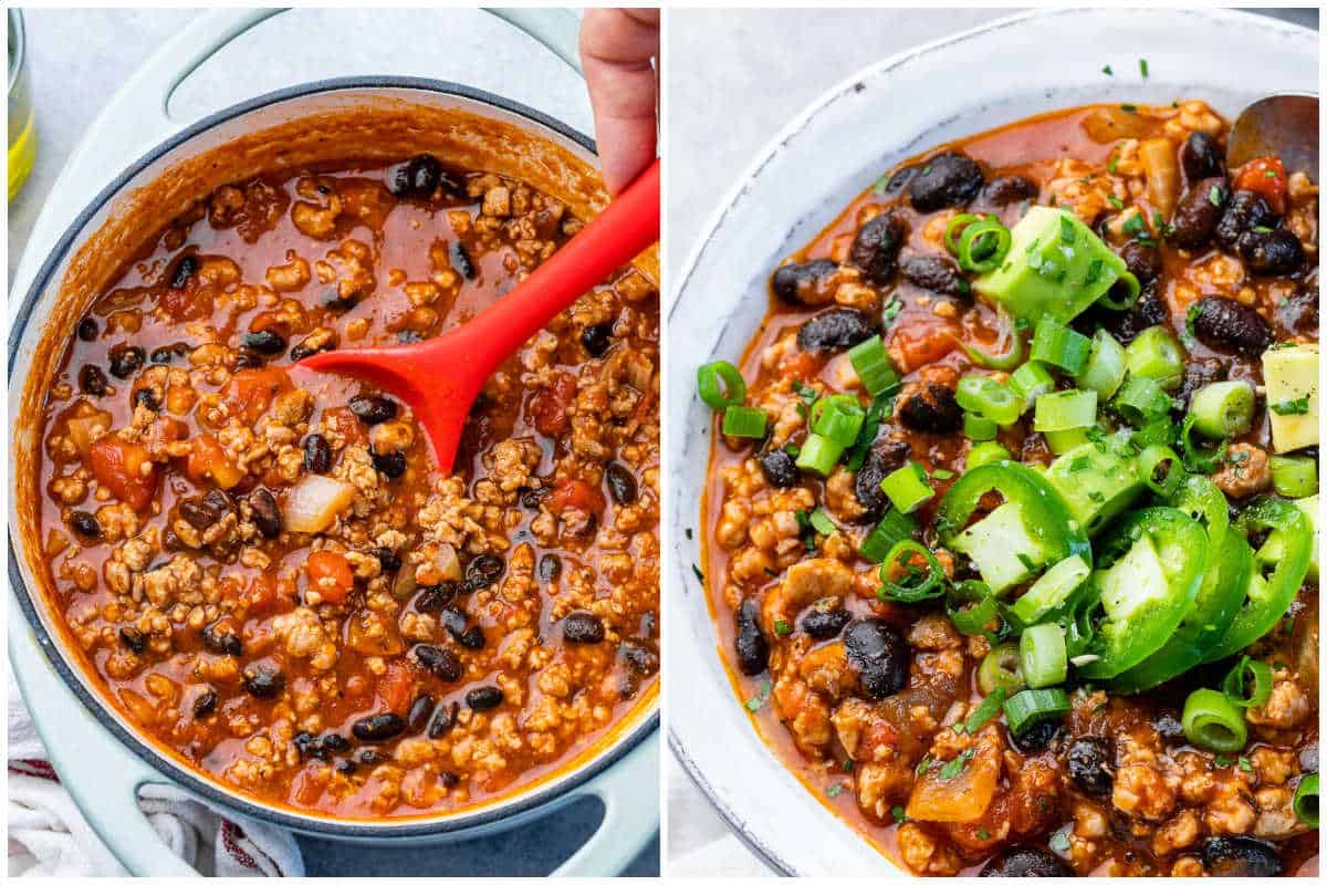process shot of mixing the chili in the pot and then serving it in a bowl with sliced jalapenos.