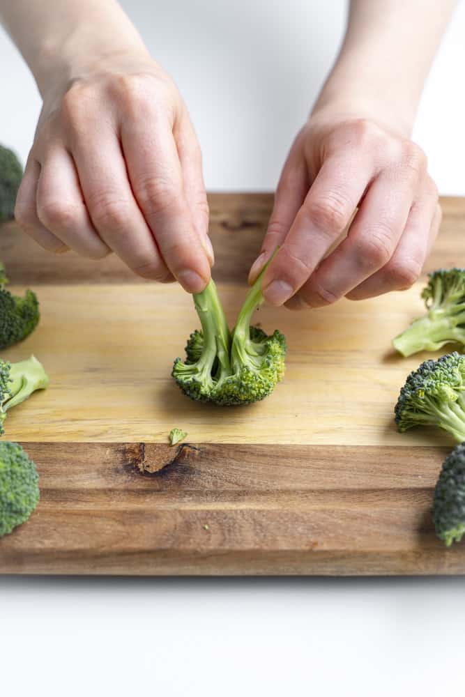 Hands pulling apart a broccoli floret.