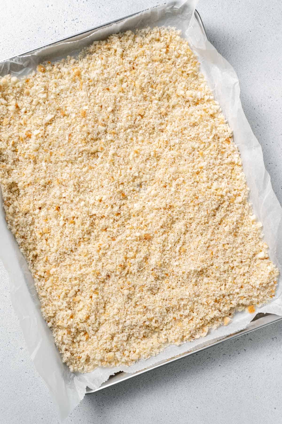 sheet pan of breadcrumbs 