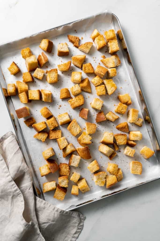 one baking sheet with golden croutons