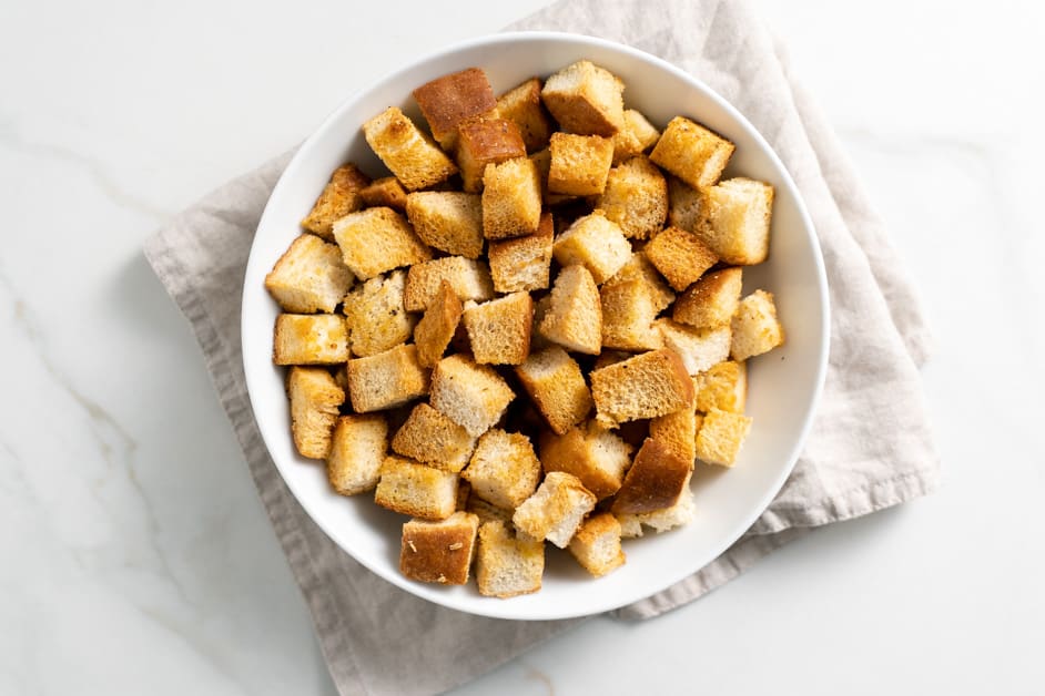 one bowl of baked homemade croutons 