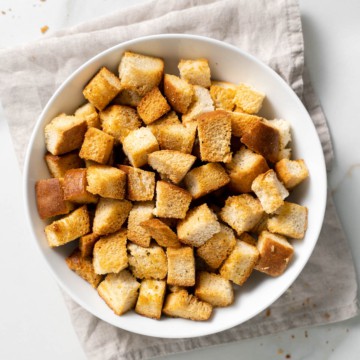 top view of croutons in a white bowl