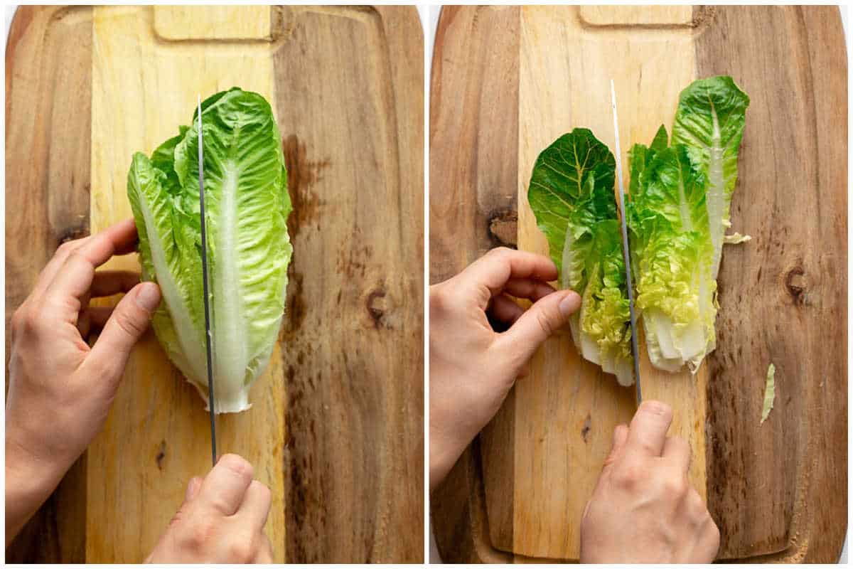 process shot of slicing a romaine lettuce in half.