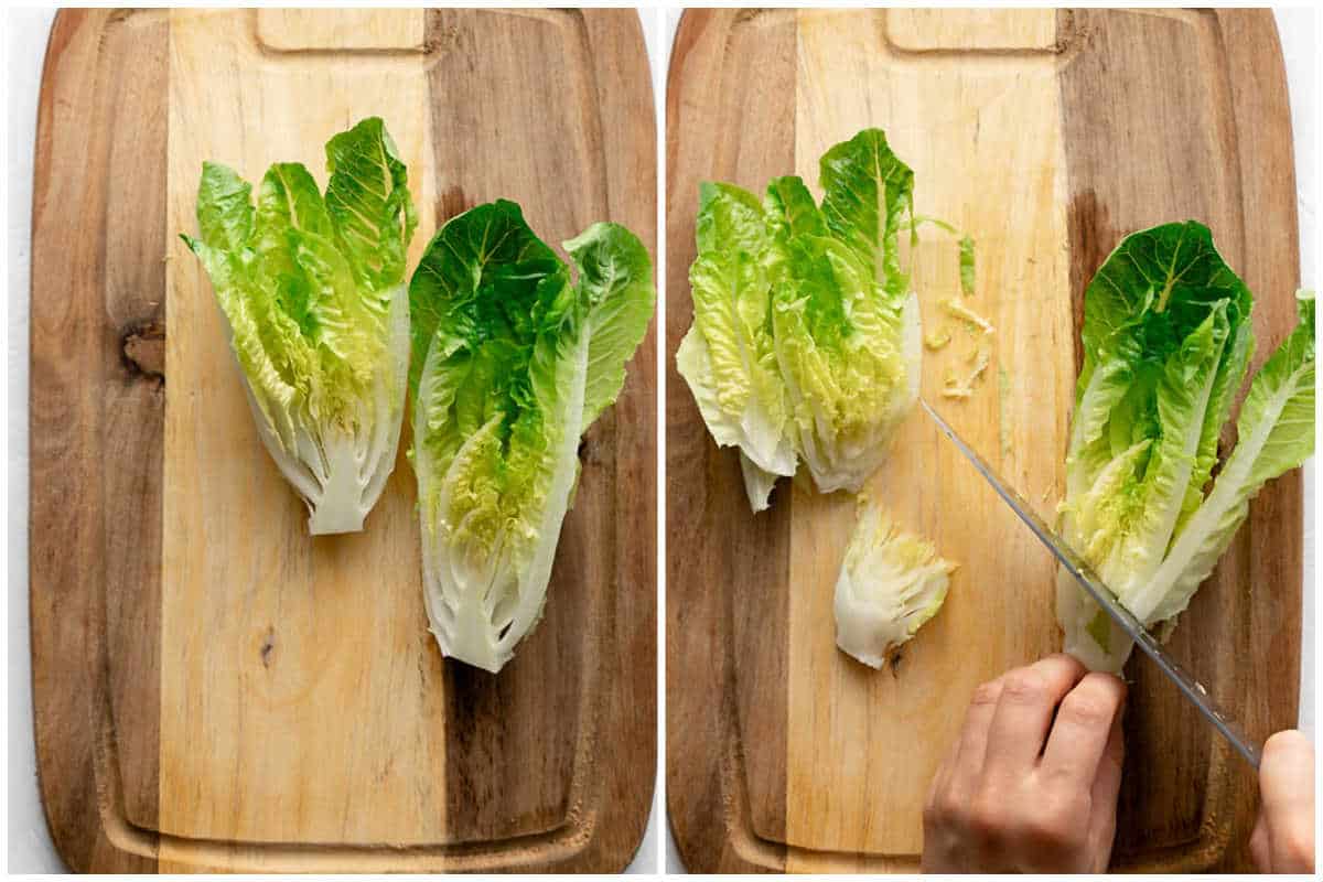 process shot of removing the white knob from the romaine lettuce.