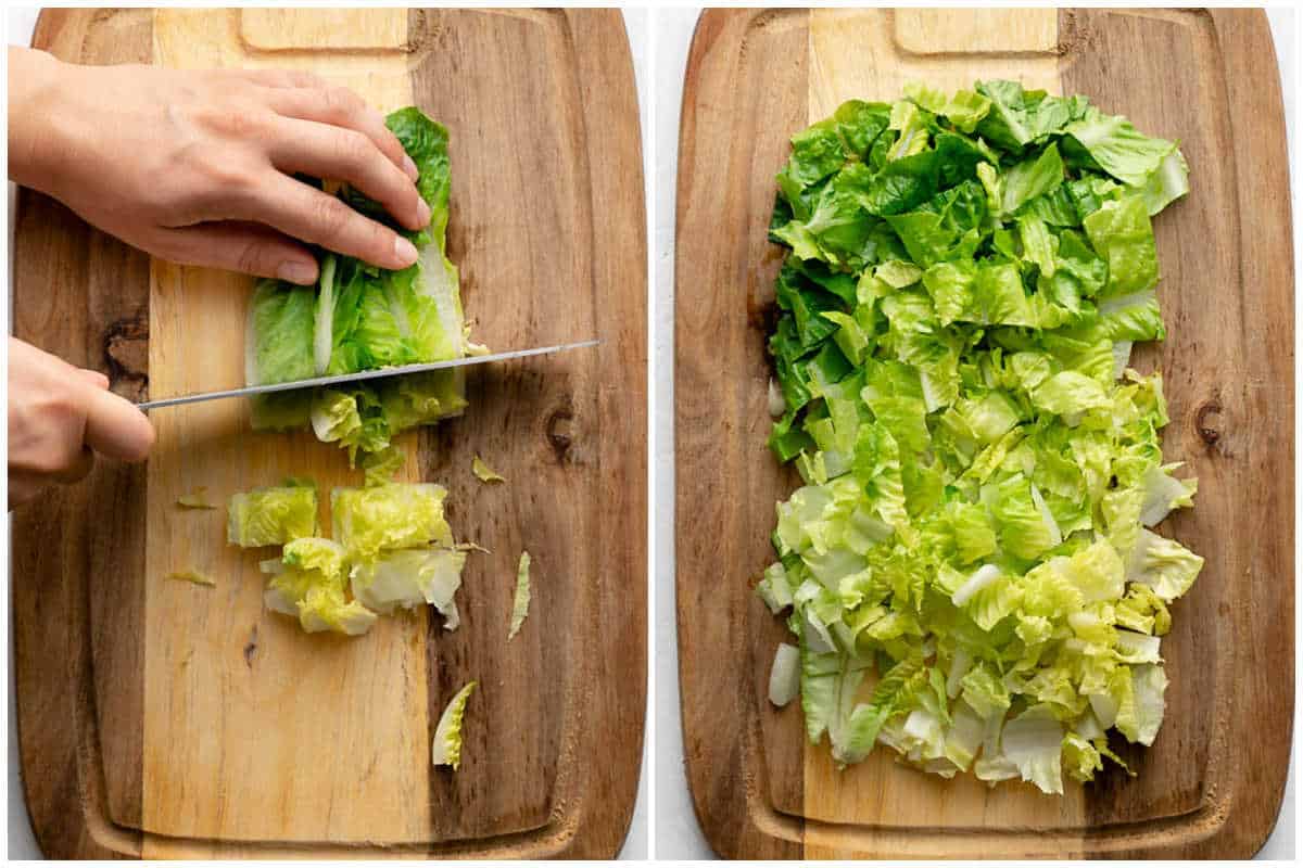 process shot of slicing the romaine lettuce on a cutting board.