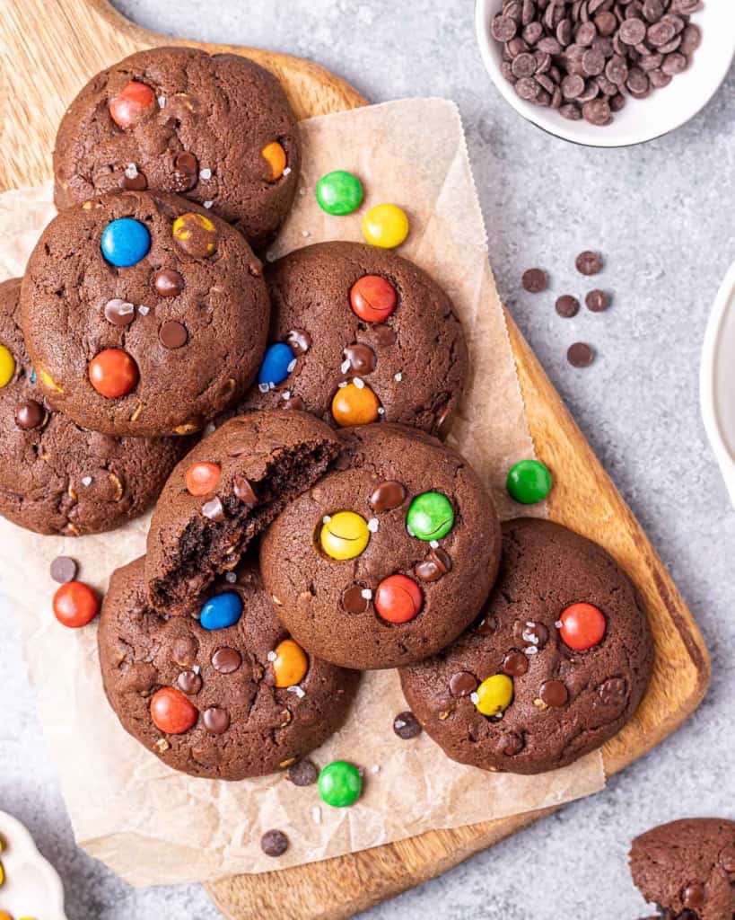 Chocolate oatmeal cookies topped with M&M's.