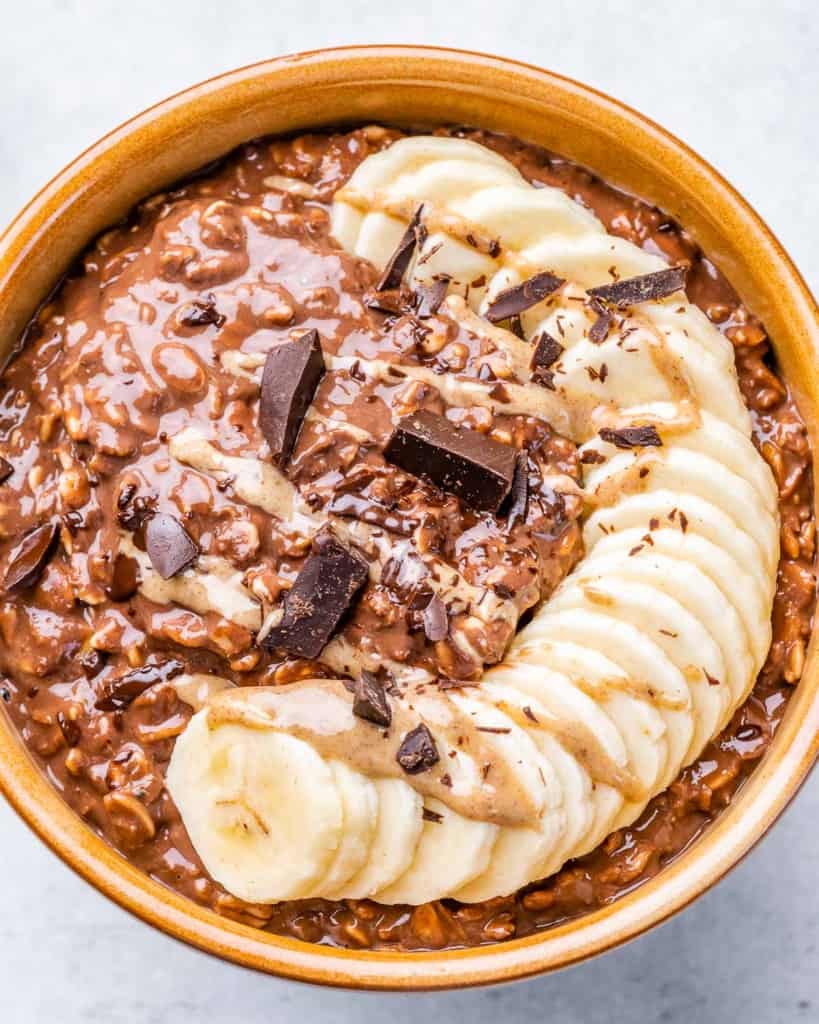top close up view of chocolate oatmeal in a bowl