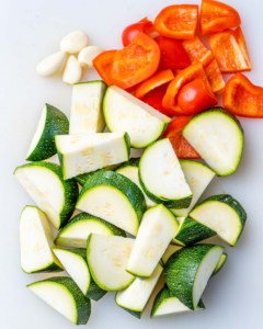 Chopped zucchini, garlic and bell pepper.