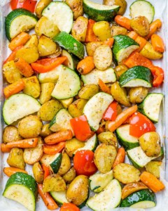 Roasted vegetables on a pan.