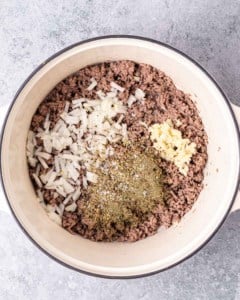 Cooking ground beef with onion and garlic.