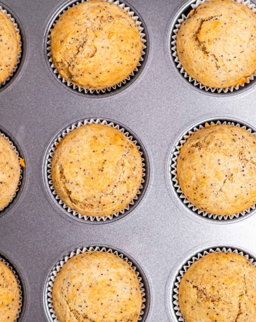 top view baked muffins on a tin pan