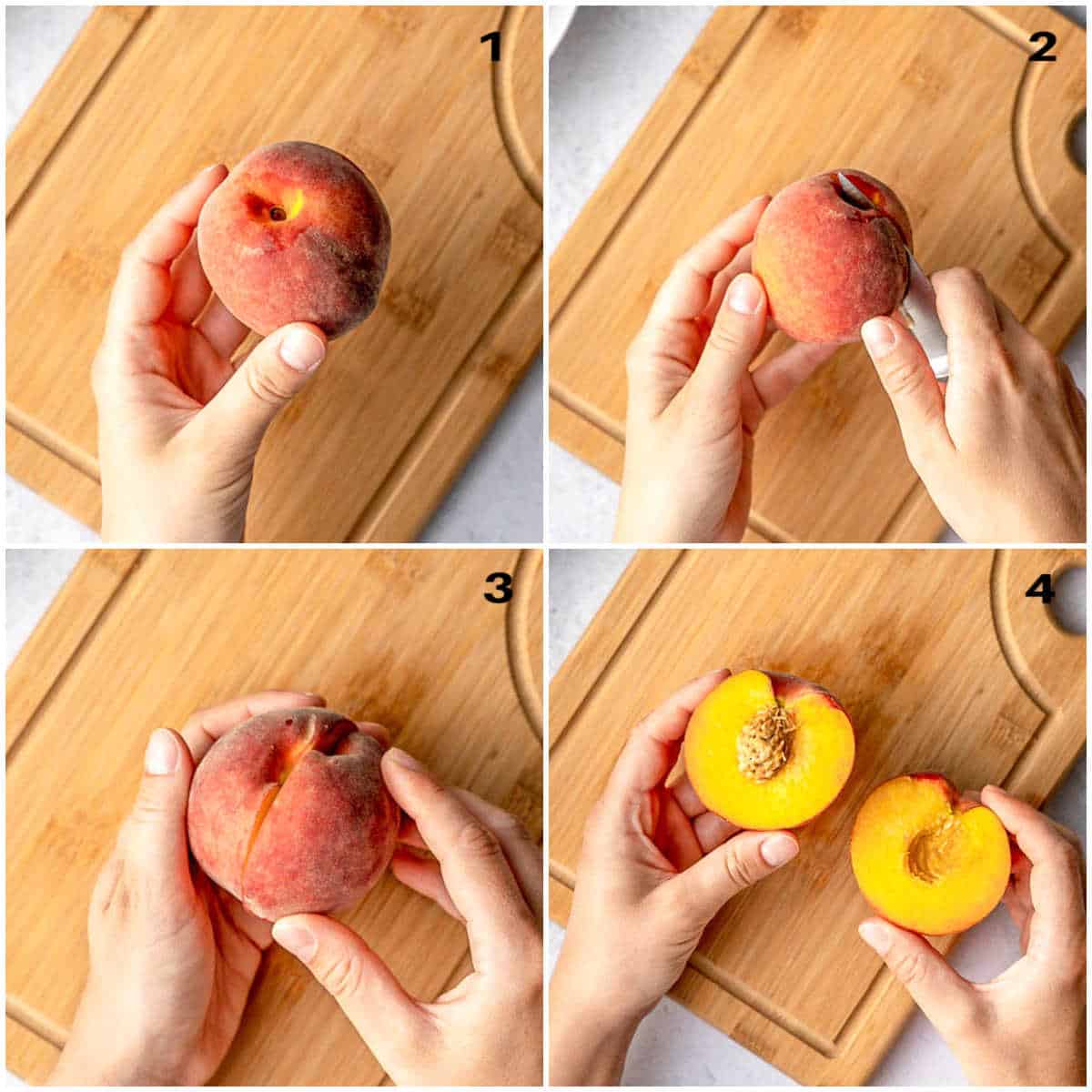process shot of cutting the peach in half and opening it.