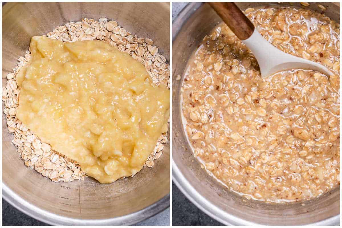 process shot to mix the oat mixture with mashed bananas in a bowl.