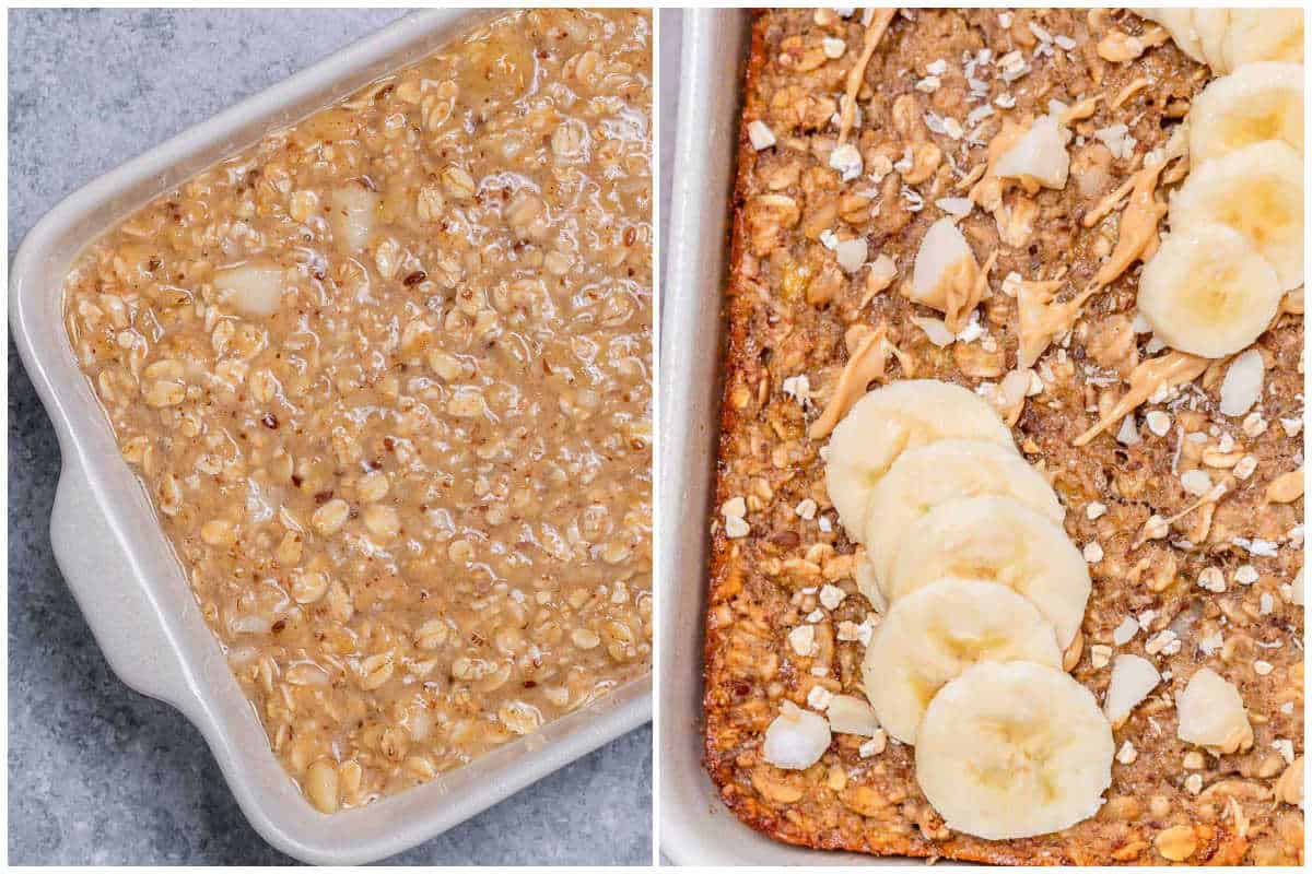 process shot to add banana and oat mixture in a dish and bake. 