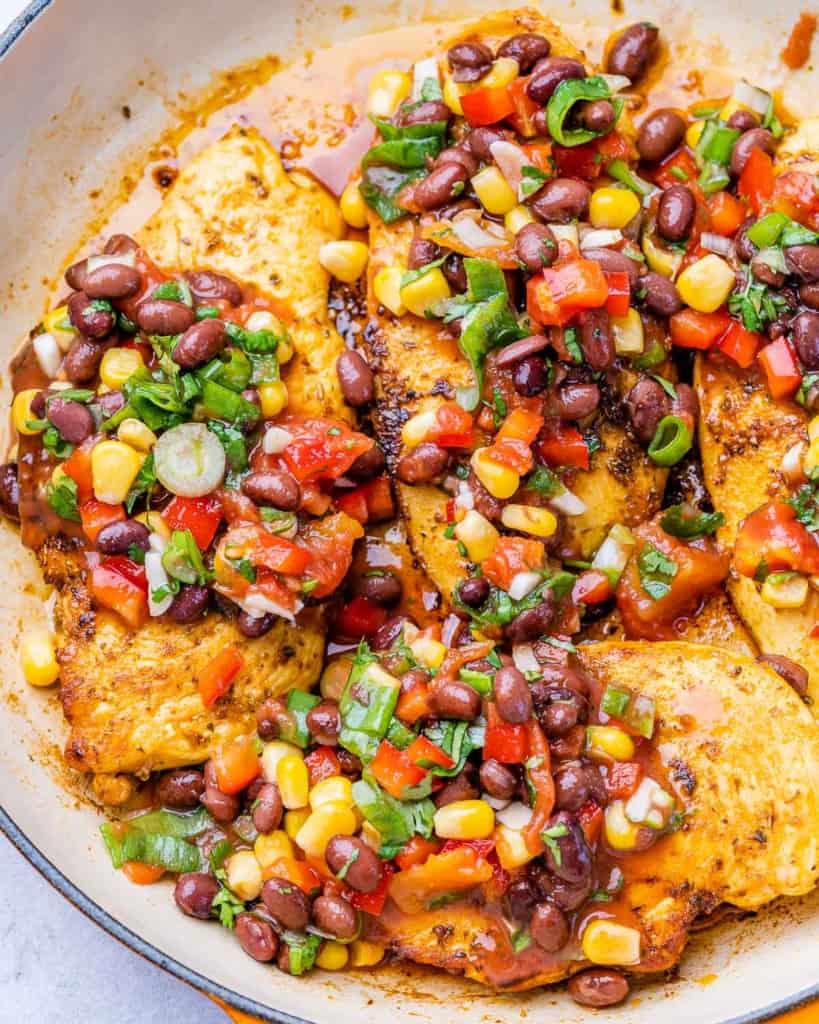 cowboy caviar mix over the seared chicken breast