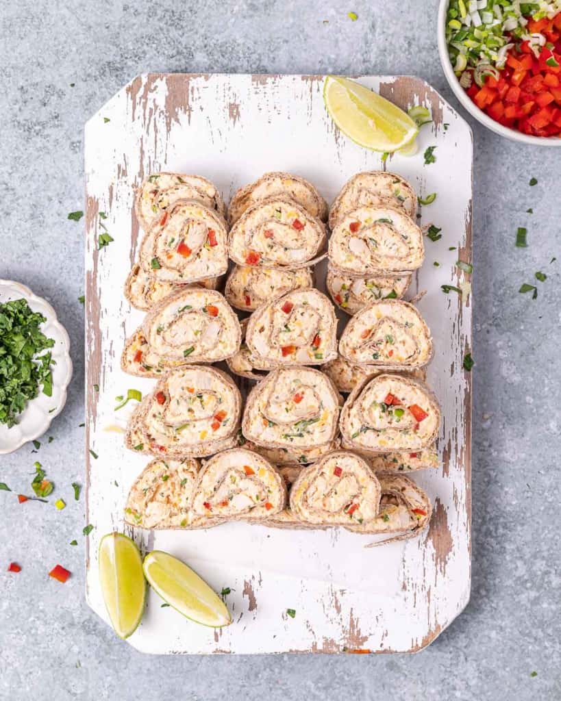 top view chicken pinwheels on a cutting board
