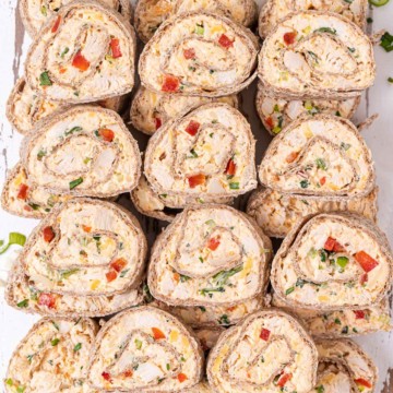 top view of pinwheel sandwich bites on a plate