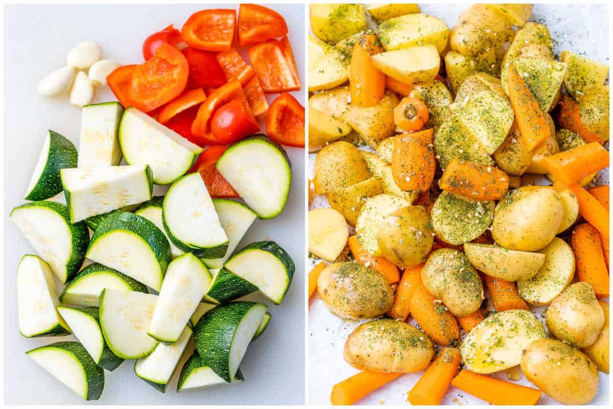 process shot to chop the veggies and then seasoning them on a sheet pan.