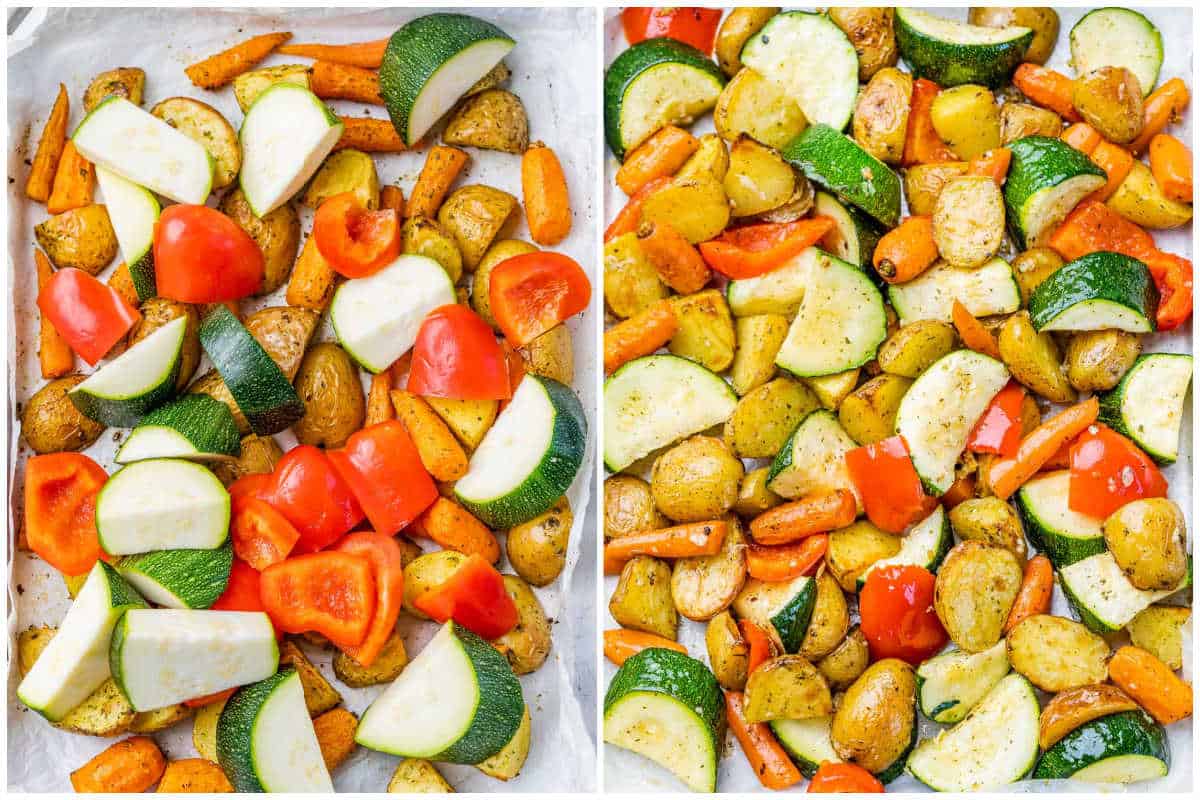 process shot of placing the veggies on a sheet pan and then baking.