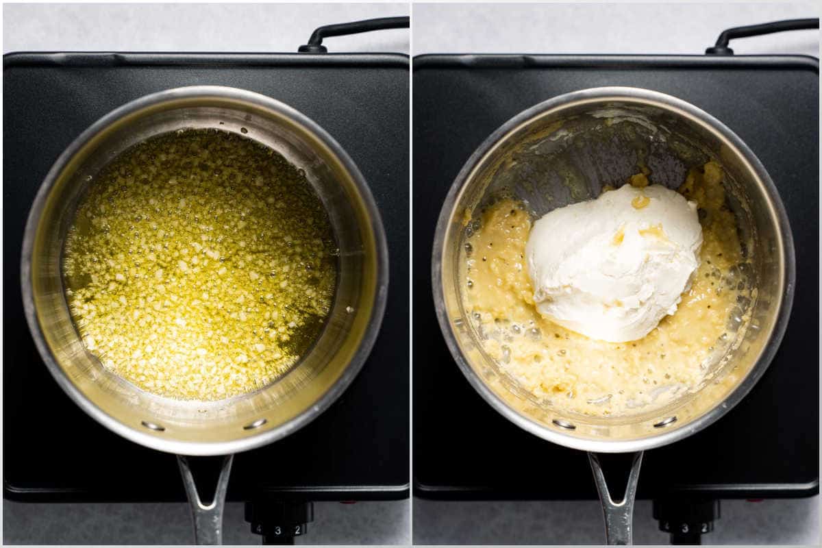 process shot to cook garlic and add cream cheese for alfredo sauce