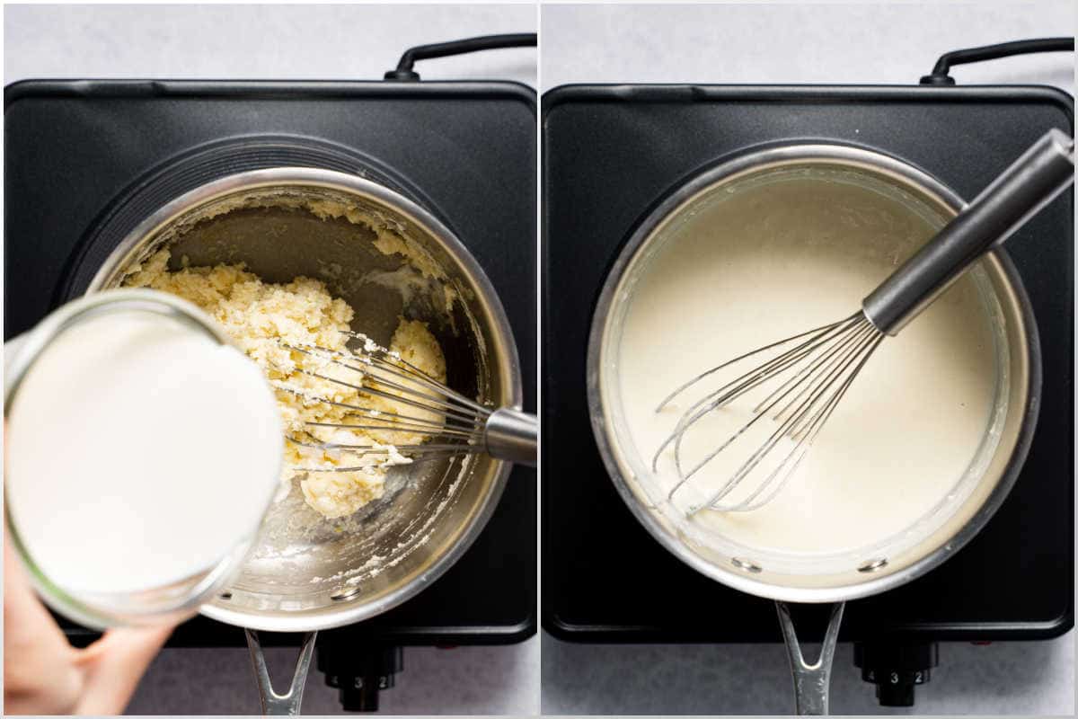 adding the milk in pot to make alfredo sauce