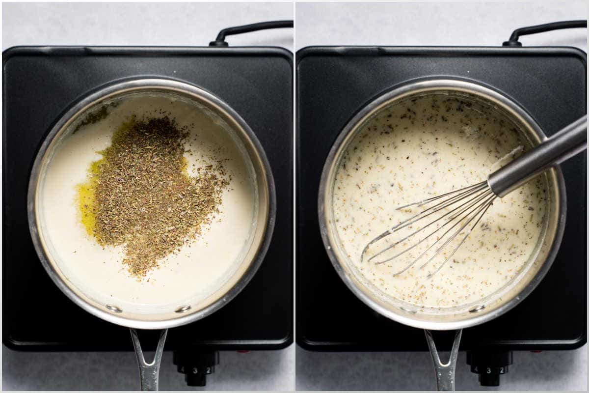 adding seasoning in pot to make alfredo sauce