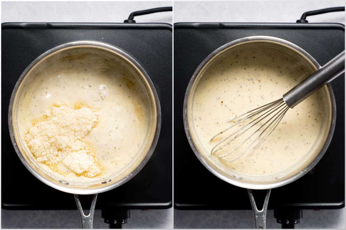adding parmesan cheese in pot to make alfredo sauce.