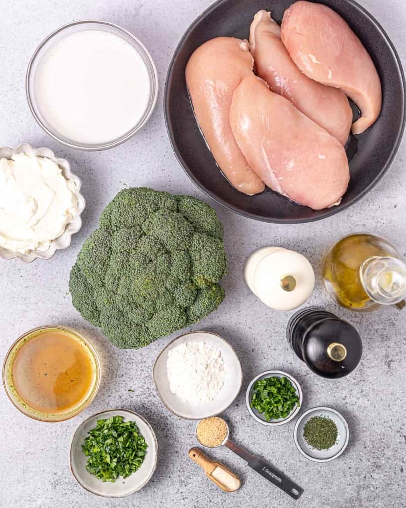 Ingredients for making a chicken breast dish with broccoli.