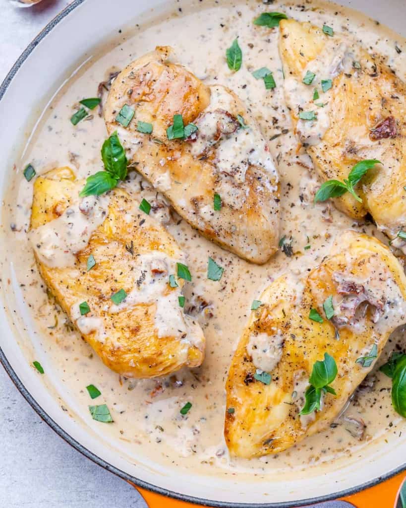 top view chicken breast in a creamy white sauce