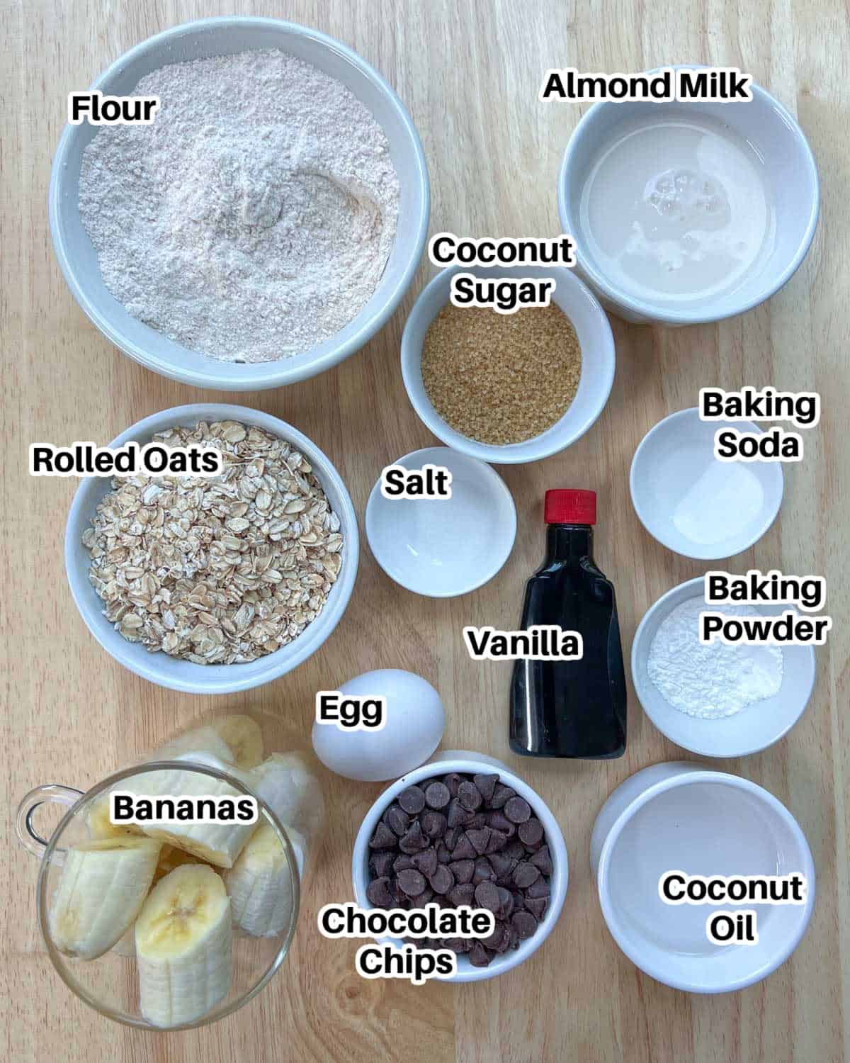 ingredients to make protein chocolate chip oatmeal muffins.