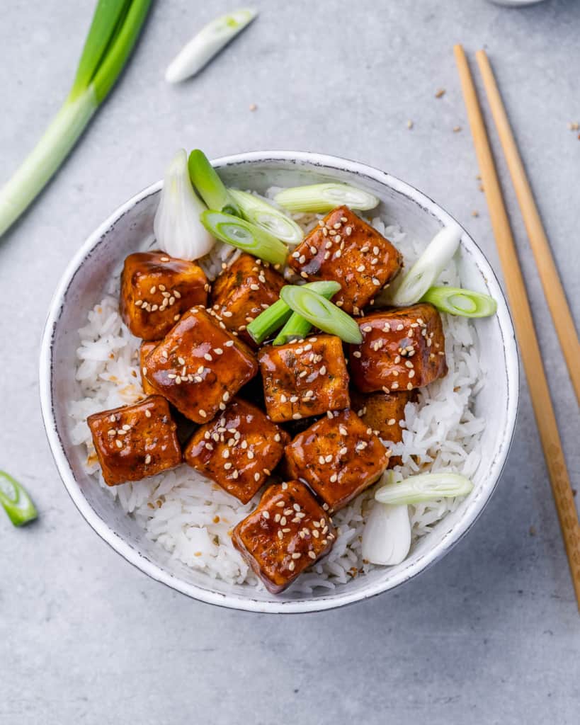Tofu in a honey garlic sauce served over rice.